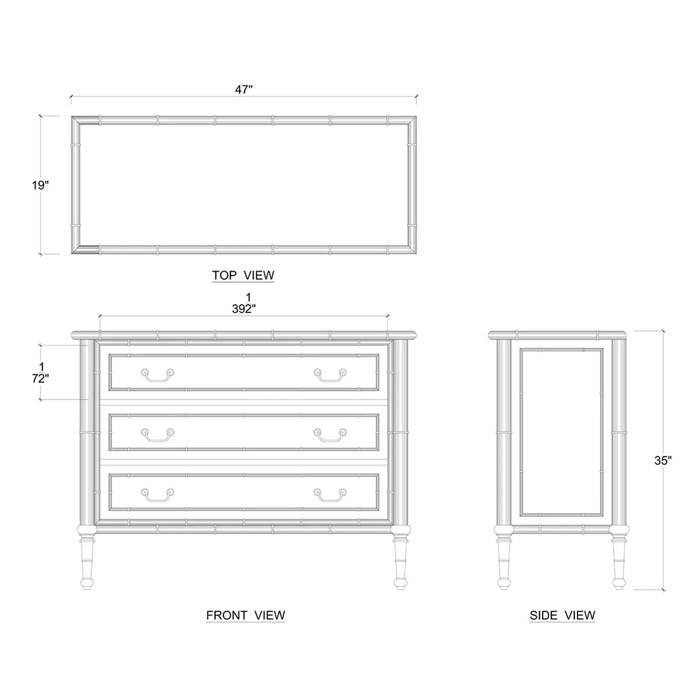 Faux bamboo chest dimensions and schematic drawing
