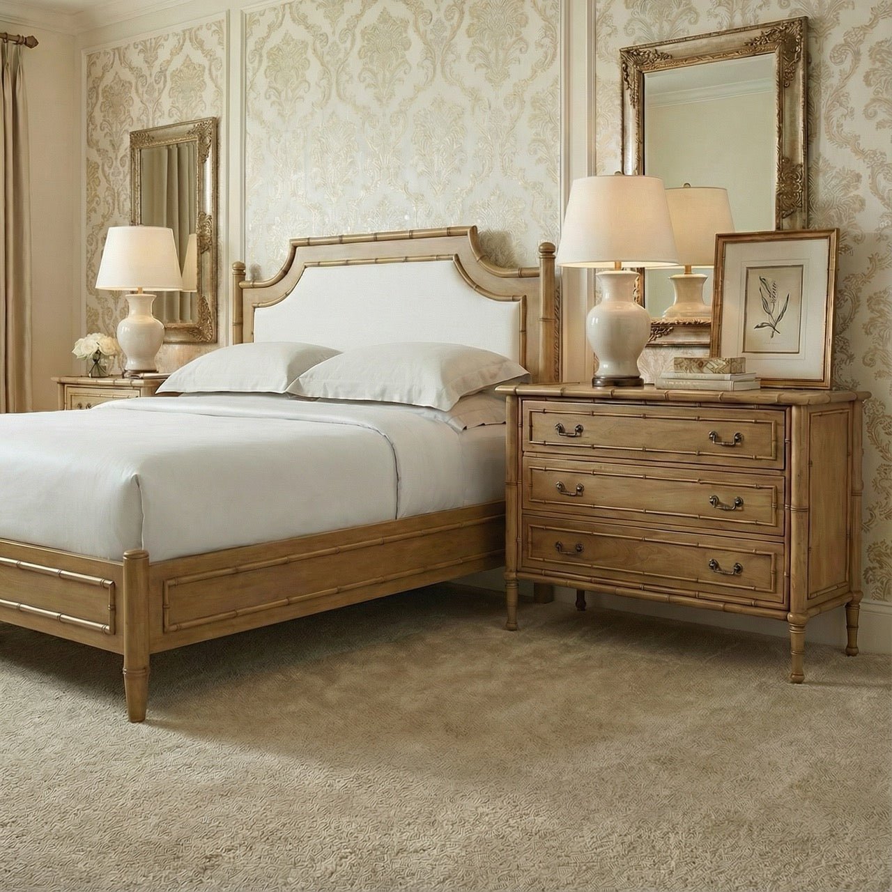 Faux bamboo bedroom set with chest, bed, and lamps