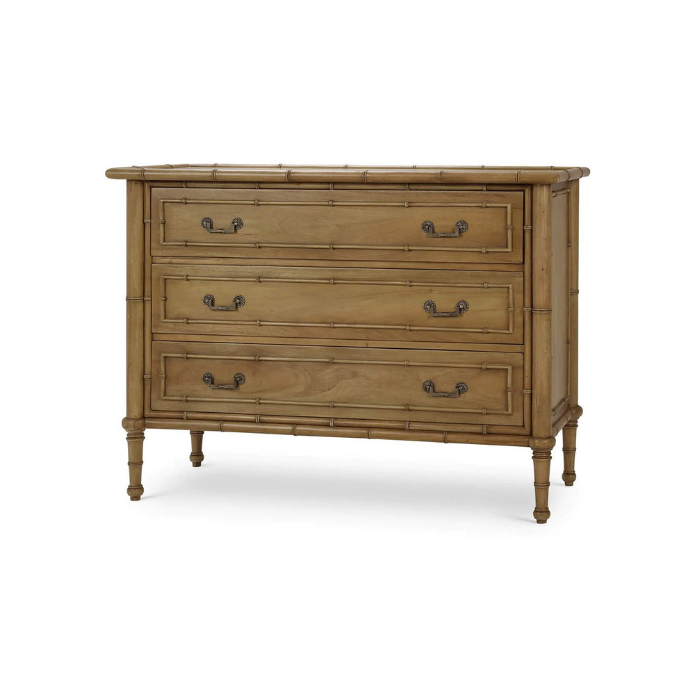 Faux bamboo chest with three drawers, angled view