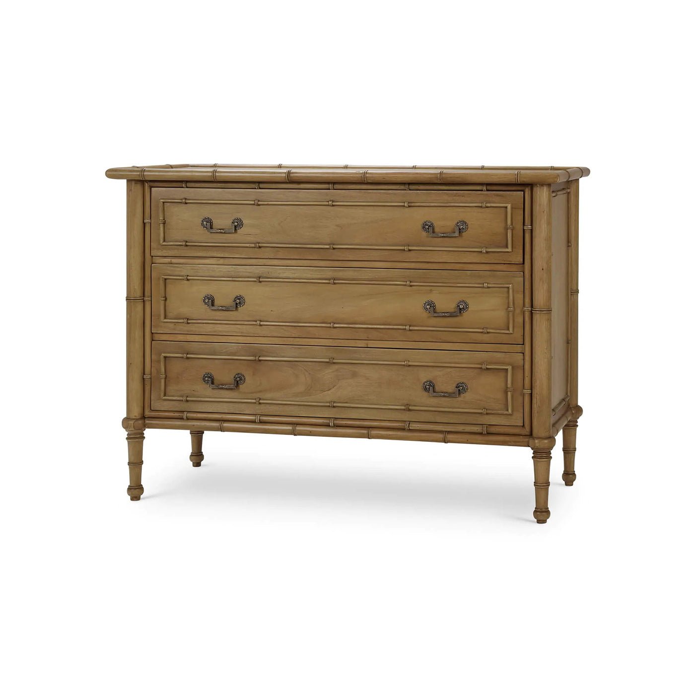 Faux bamboo chest with three drawers, angled view