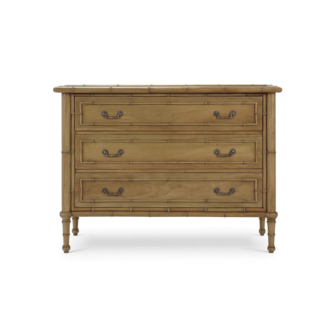 Front view of faux bamboo three drawer chest