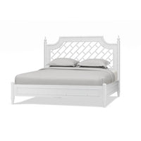 White king bed with lattice headboard, front view.