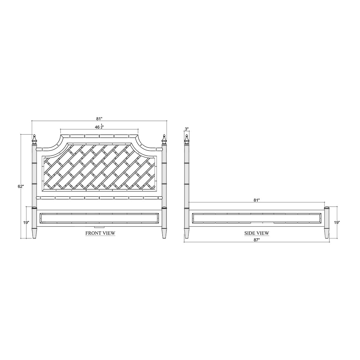 Dimensions and design schematics for white king bed.