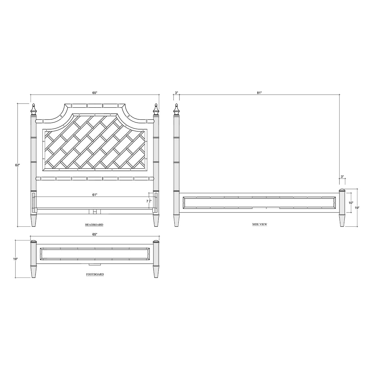 Technical blueprint of mid-century modern queen bed.