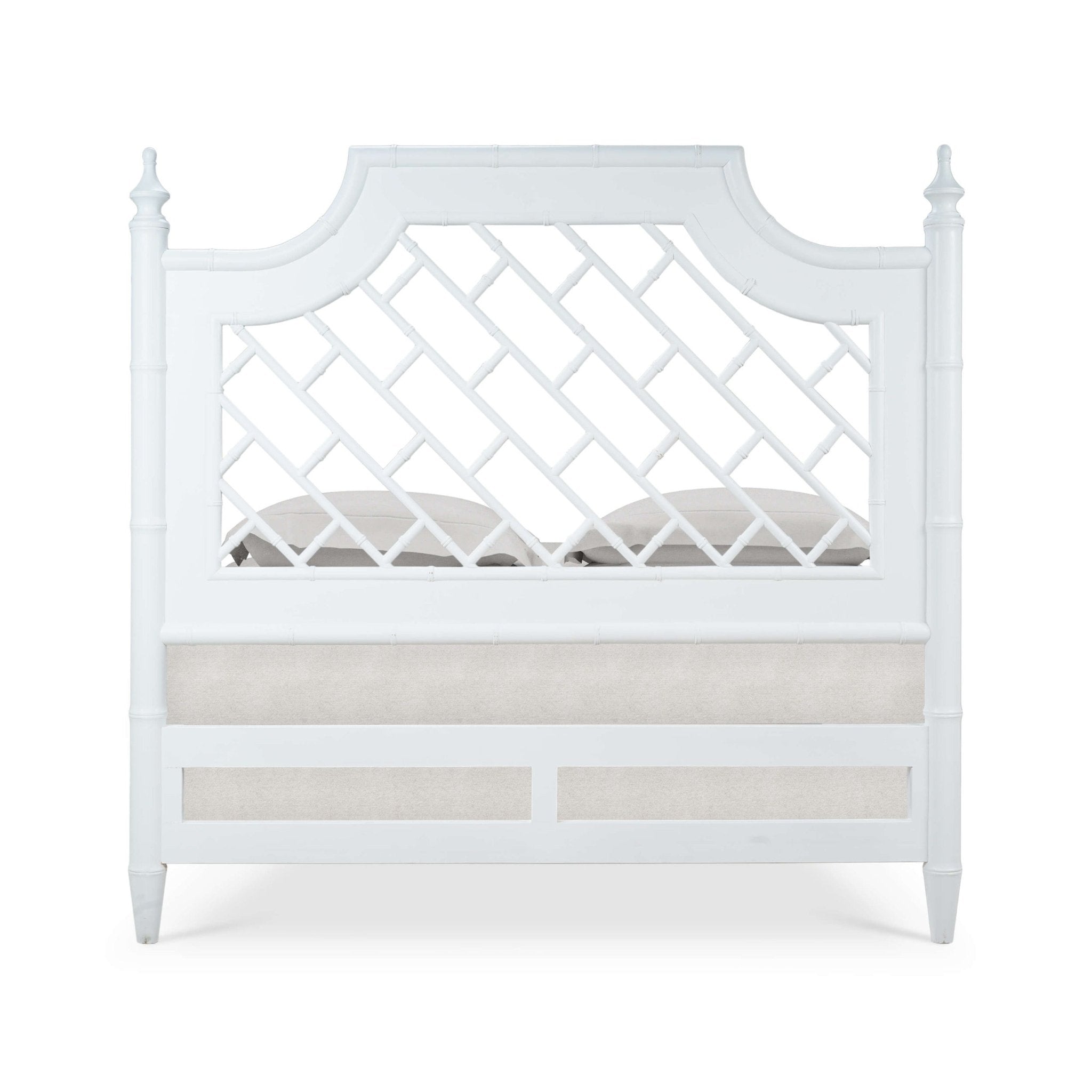 Back view of queen bed with decorative headboard.