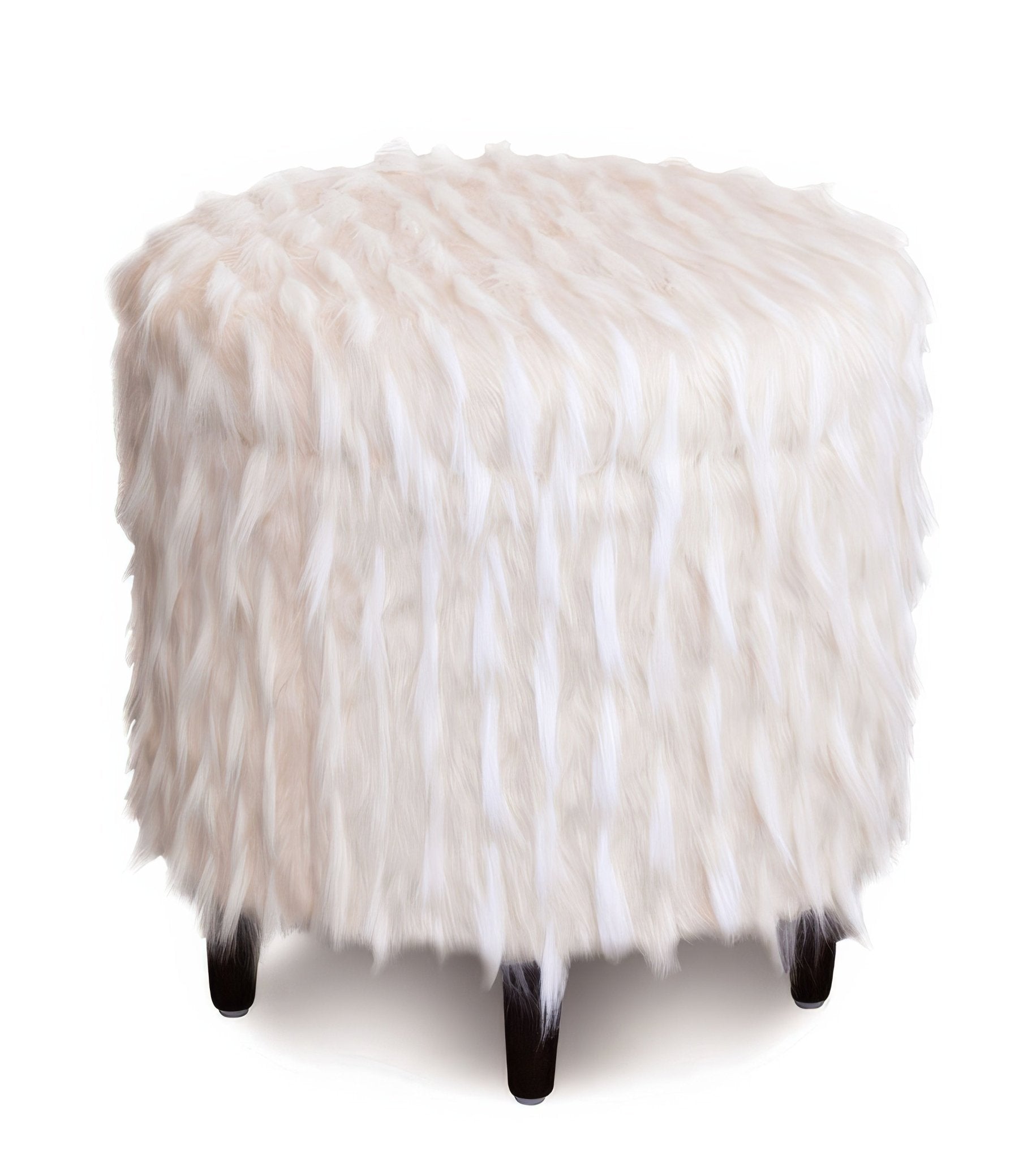 Round faux fur ottoman with a soft, textured surface.