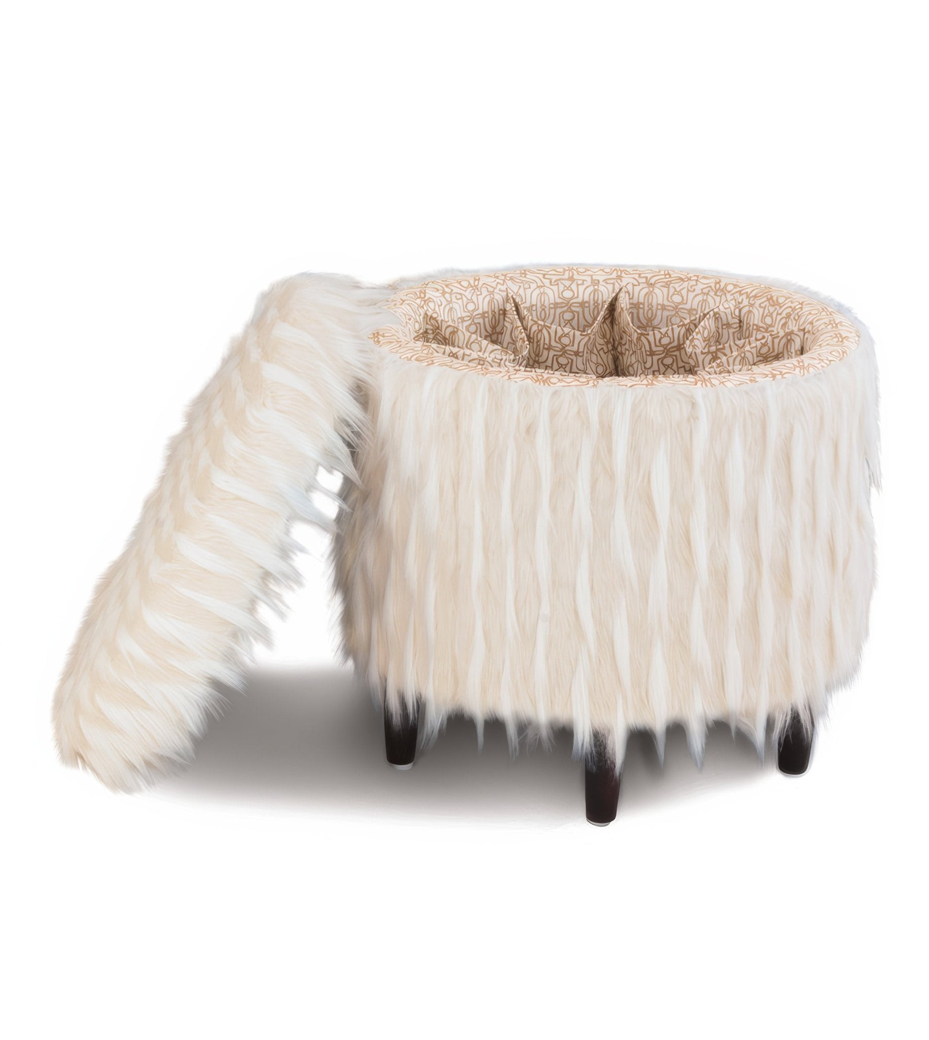 Open faux fur ottoman showing interior storage space.