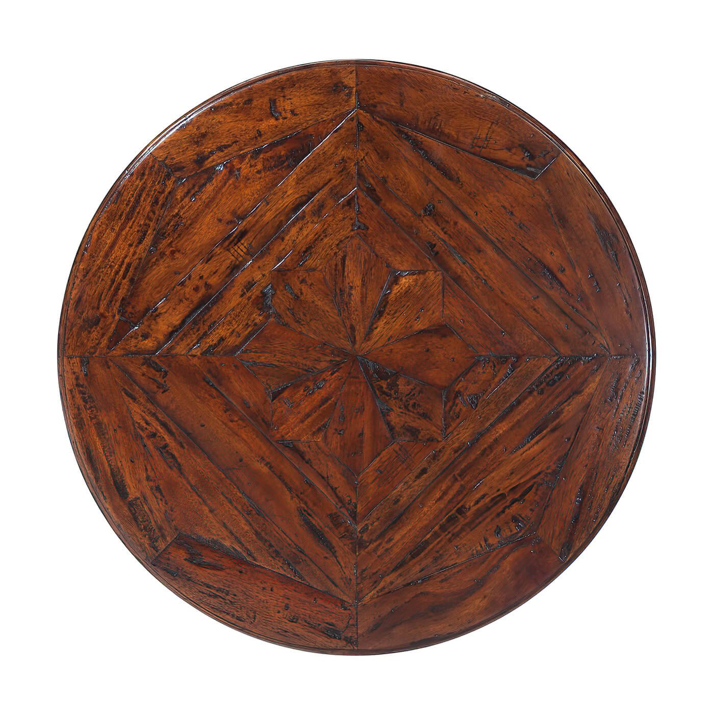 Close-up of wooden tabletop with intricate geometric pattern.