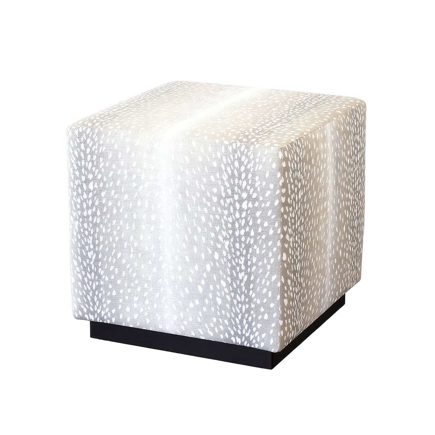 Grey cube ottoman angled view on white backdrop.