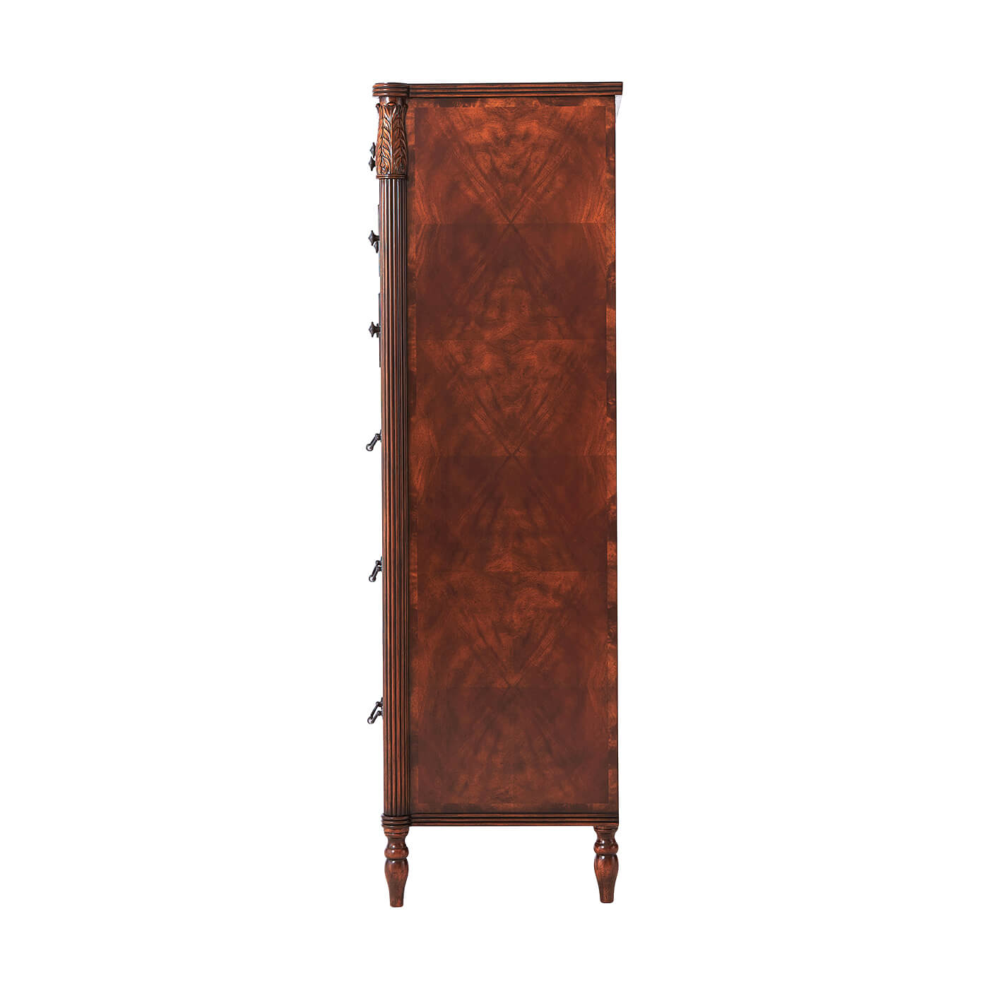 Side view of tall federal mahogany chest with legs.
