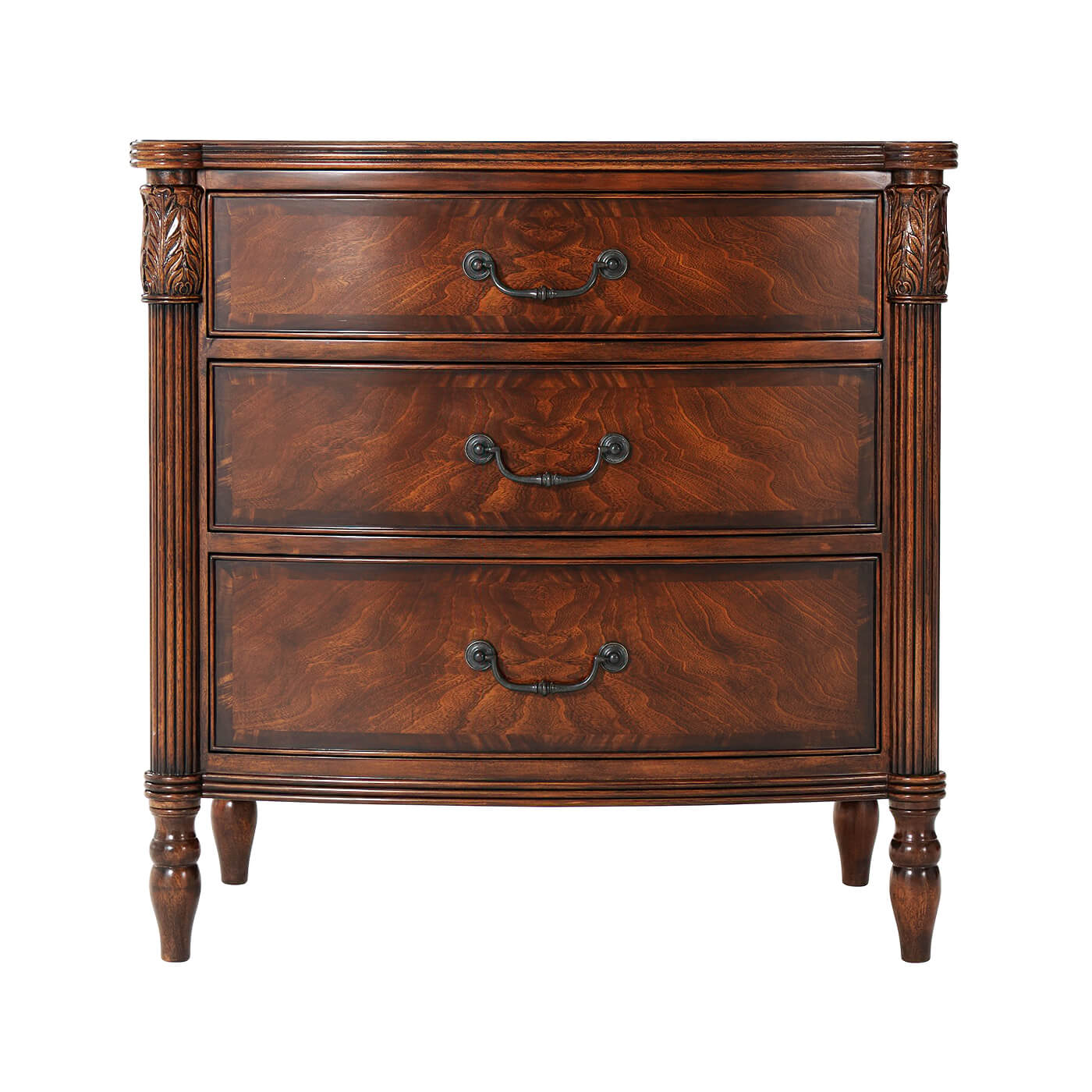 Front view of mahogany bedside chest with three drawers.