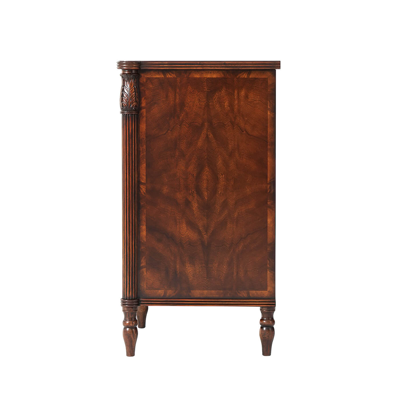 Side view of mahogany dresser showcasing wood finish.