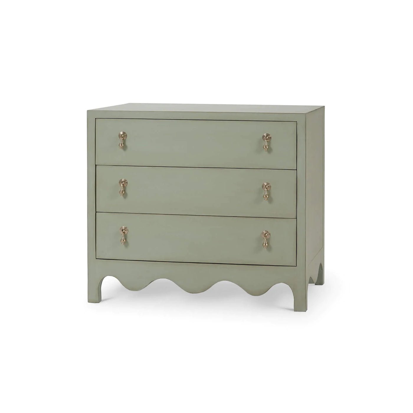 Fennel Green Bedside Chest with three drawers, angled view.