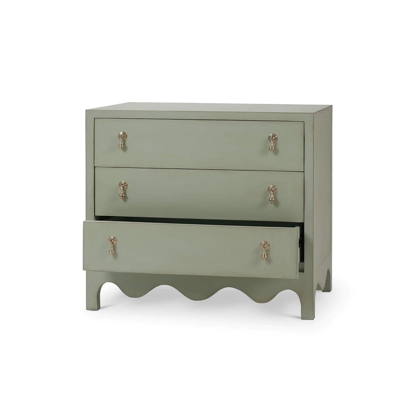 Fennel Green Bedside Chest with open drawer.
