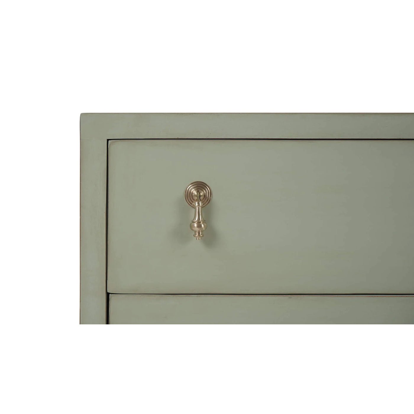 Close-up of drawer handle on Fennel Green Bedside Chest.