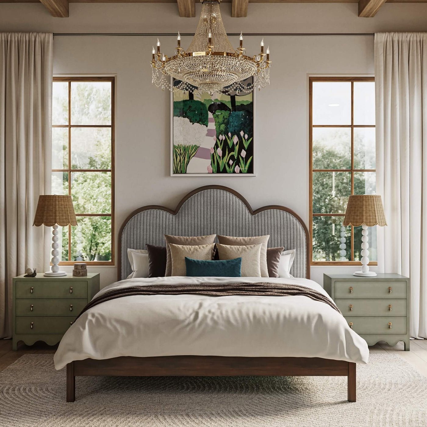 Bedroom scene with Fennel Green Bedside Chests on both sides.