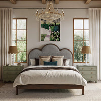 Bedroom scene with Fennel Green Bedside Chests on both sides.