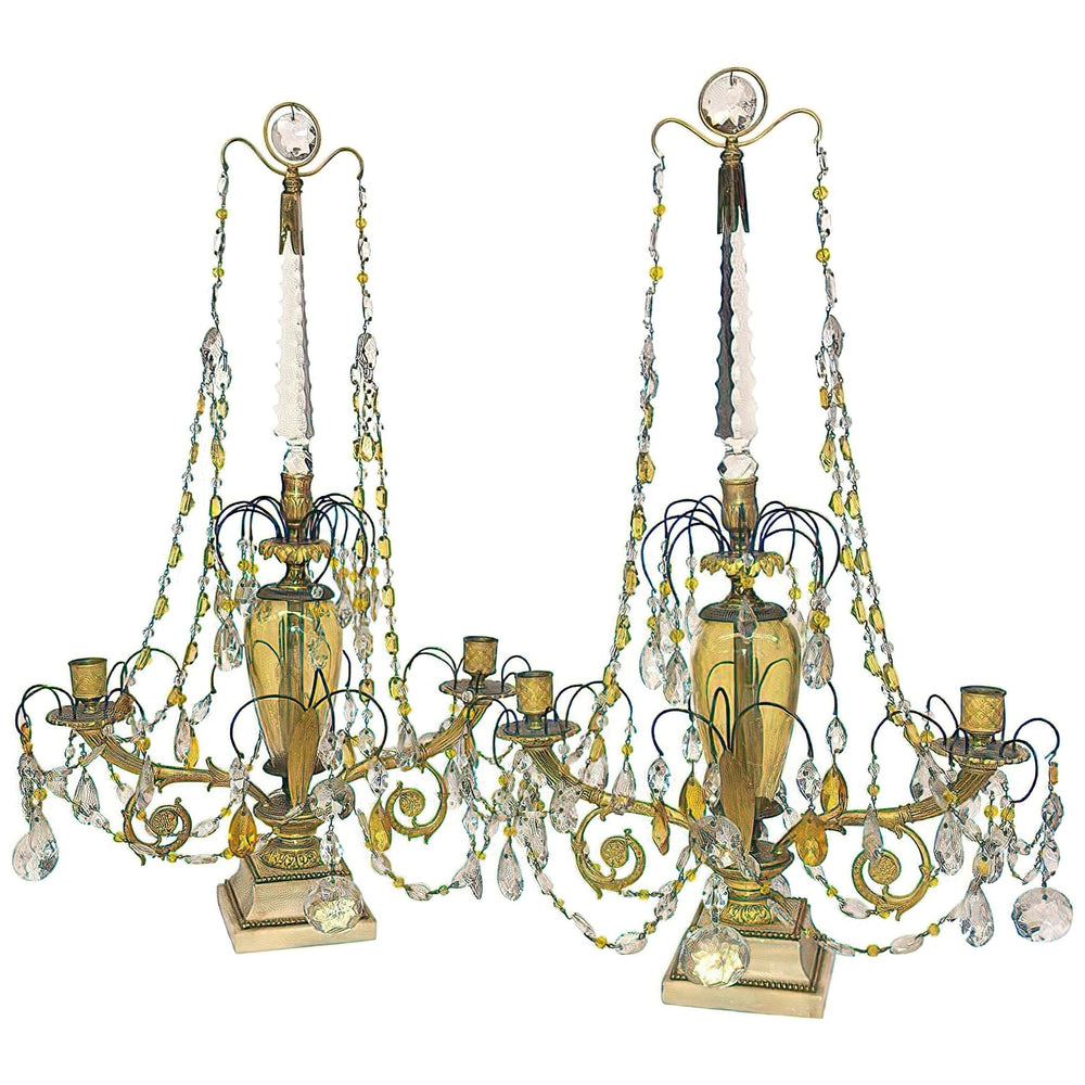 Ornate Russian candelabra pair with crystal adornments.
