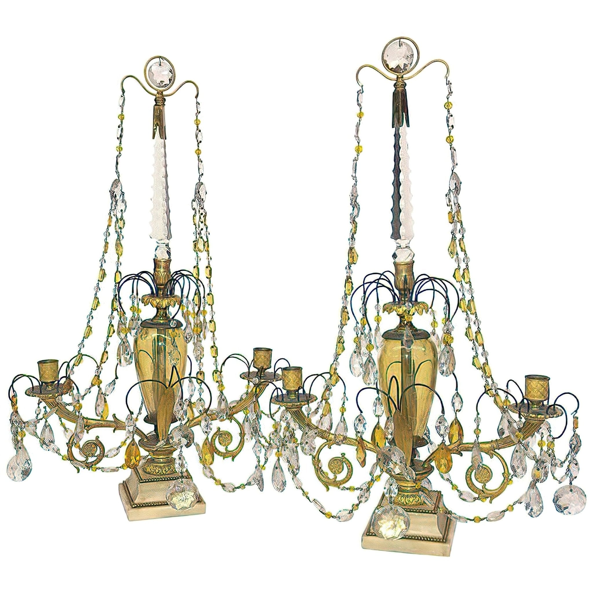 Ornate Russian candelabra pair with crystal adornments.
