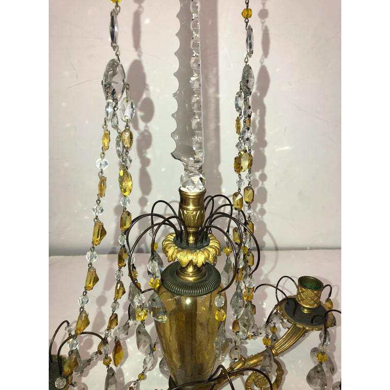 Decorative features of Russian candelabra with hanging crystals.