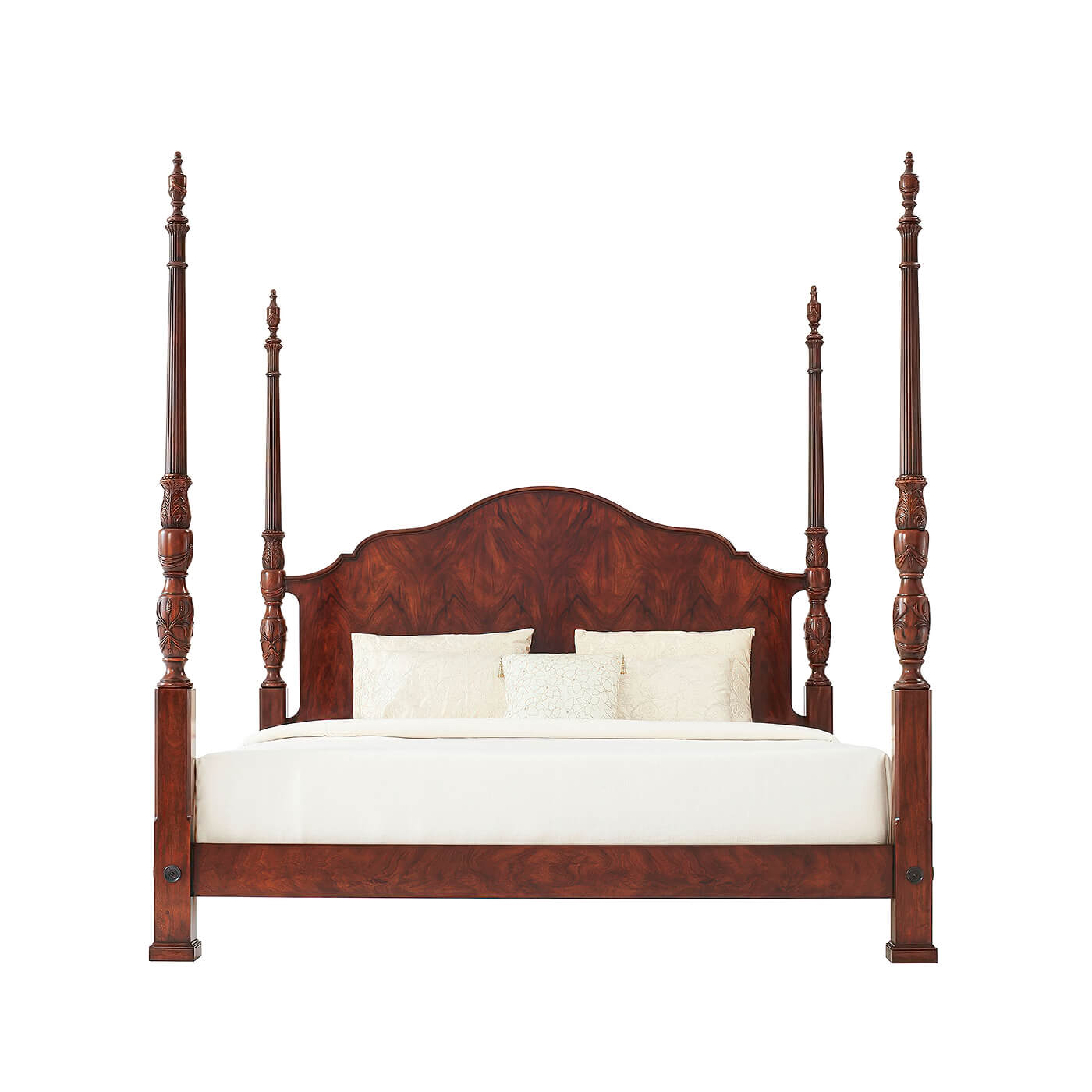 Front view of mahogany four post king size bed.