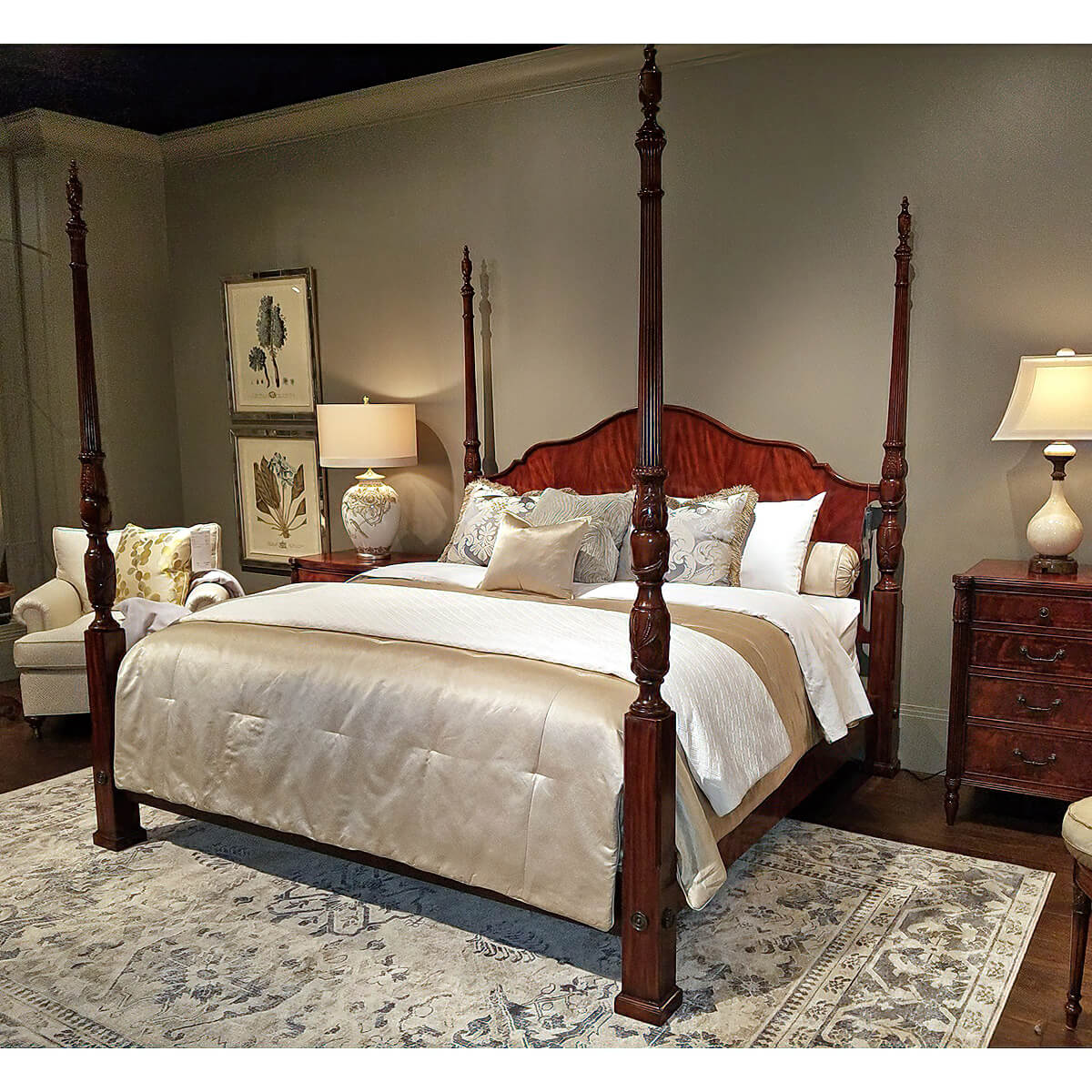 Mahogany four post bed in elegant bedroom setting.