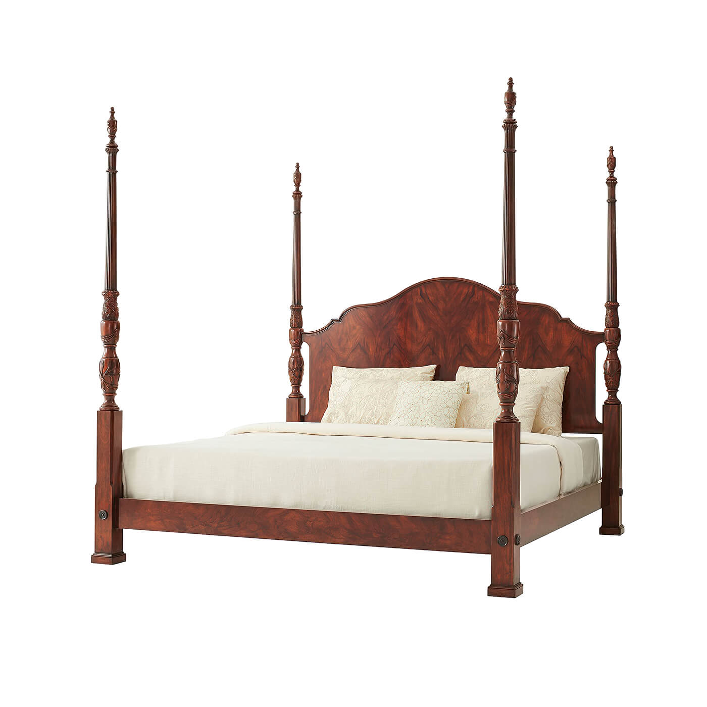 Angled view of mahogany four post king size bed.
