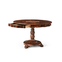 Finely inlaid center table with open drawer.