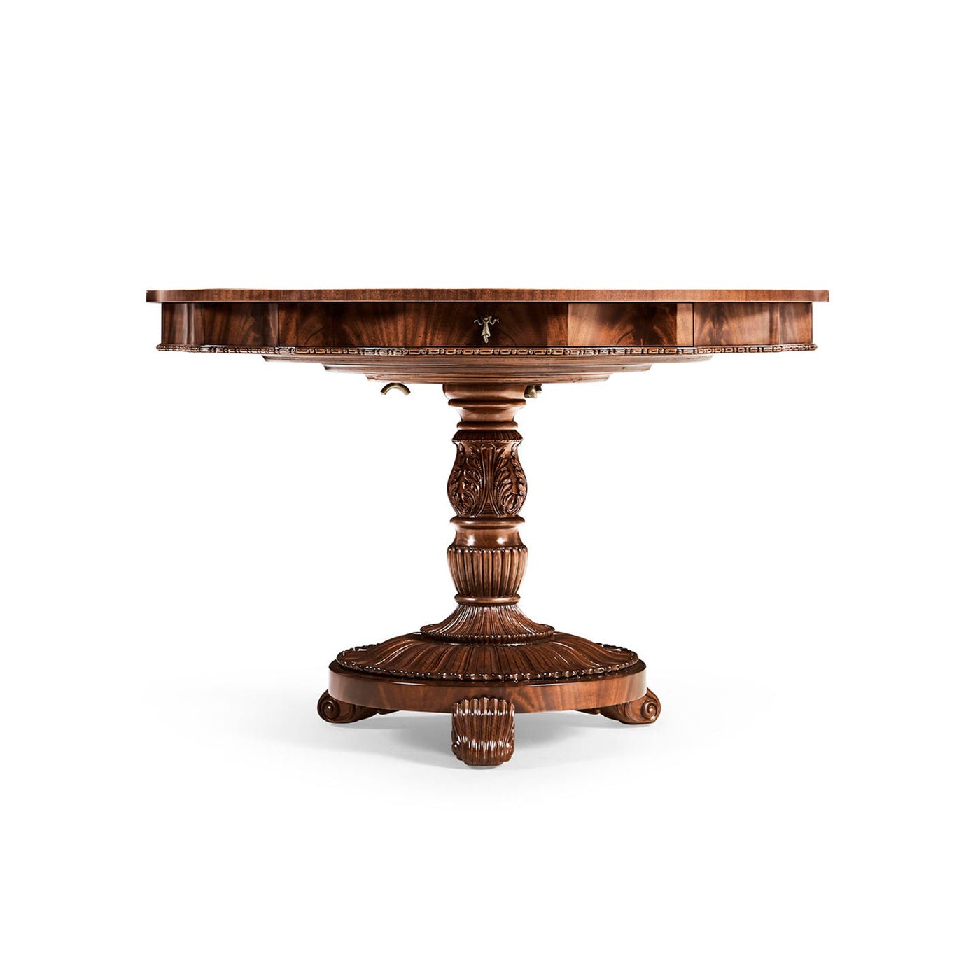 Side view of finely inlaid mahogany center table.
