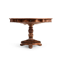 Side view of finely inlaid mahogany center table.