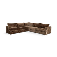 Front corner view of brown five-piece sectional with broad cushions and square upholstered arms