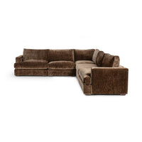 Opposite angled view of brown sectional showing the corner seating and square arm