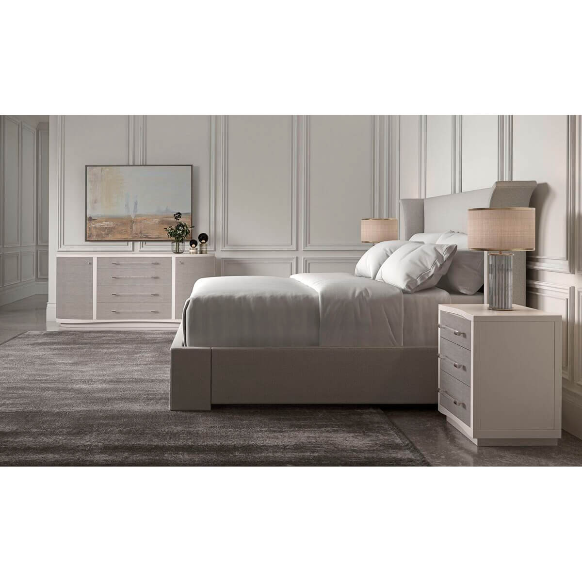 Modern light bed, full room setting, elegant decor.