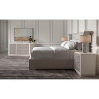 Modern light bed, full room setting, elegant decor.