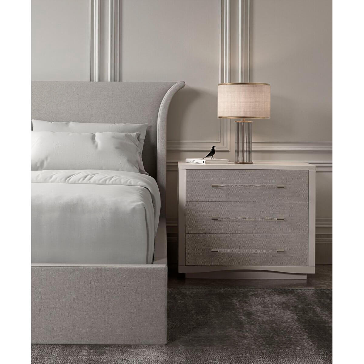 Flared king bed with nightstand, detailed side view.