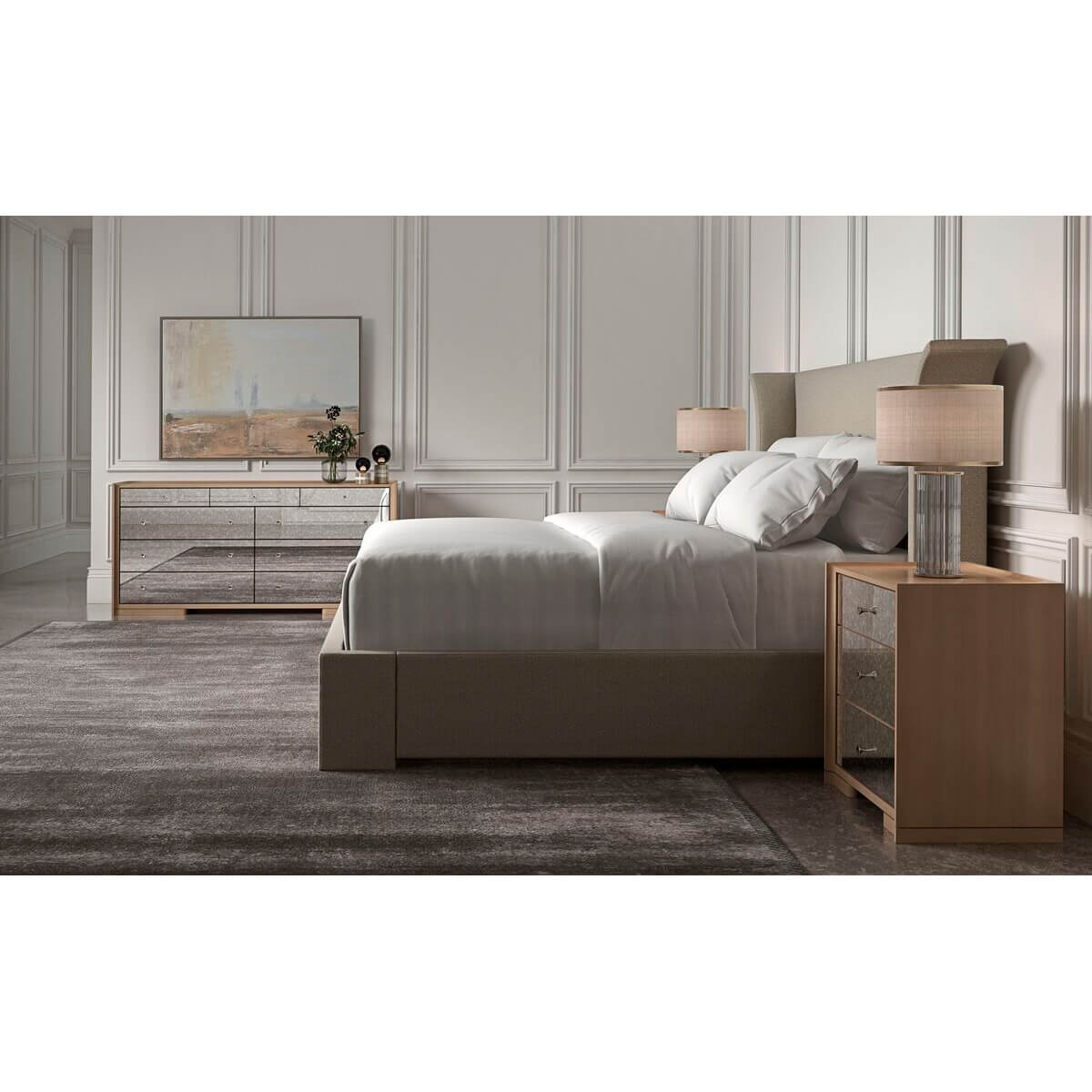 Bedroom scene with flared modern upholstered king bed.