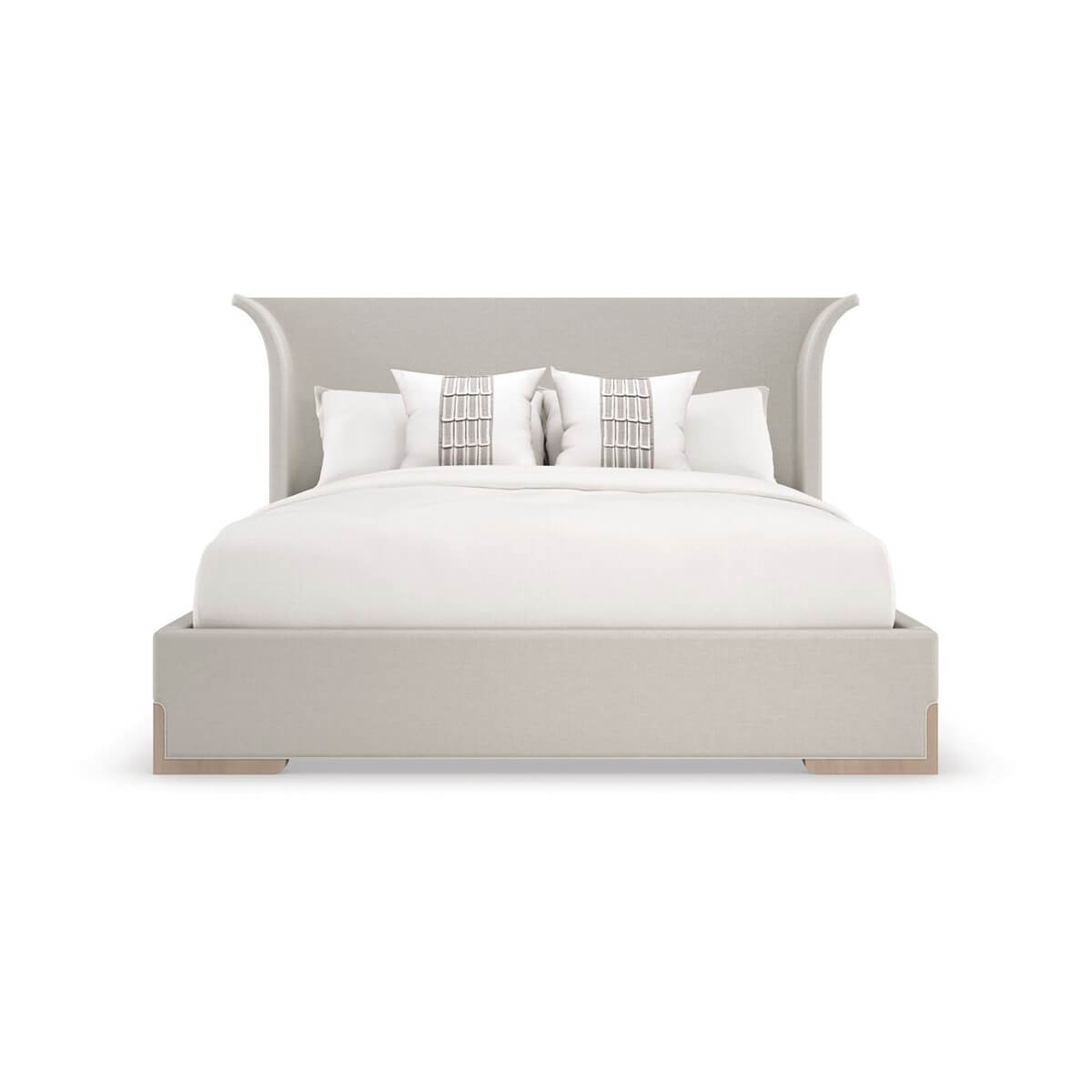 Front view of flared modern upholstered king bed.
