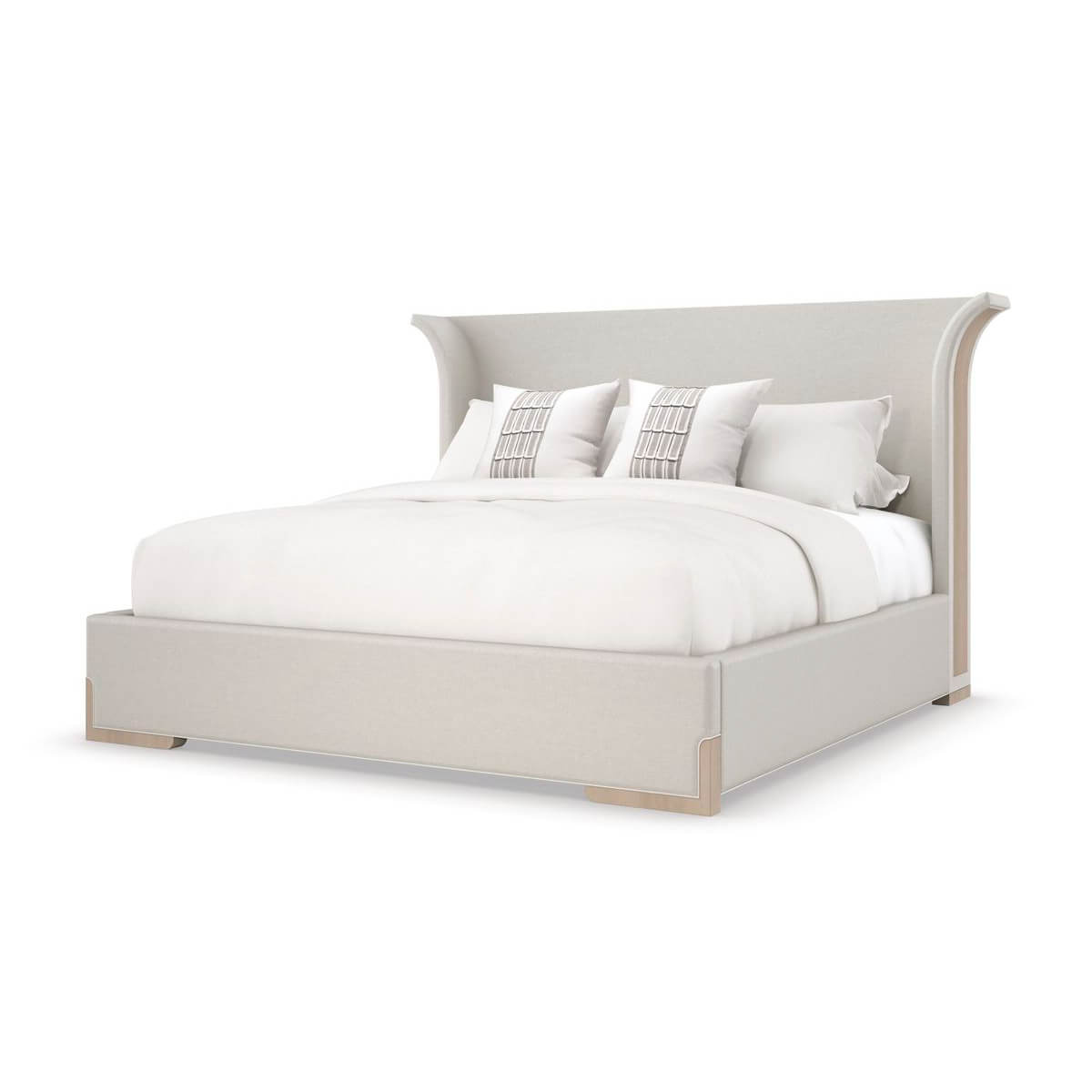 Flared modern upholstered bed angled view, king size.