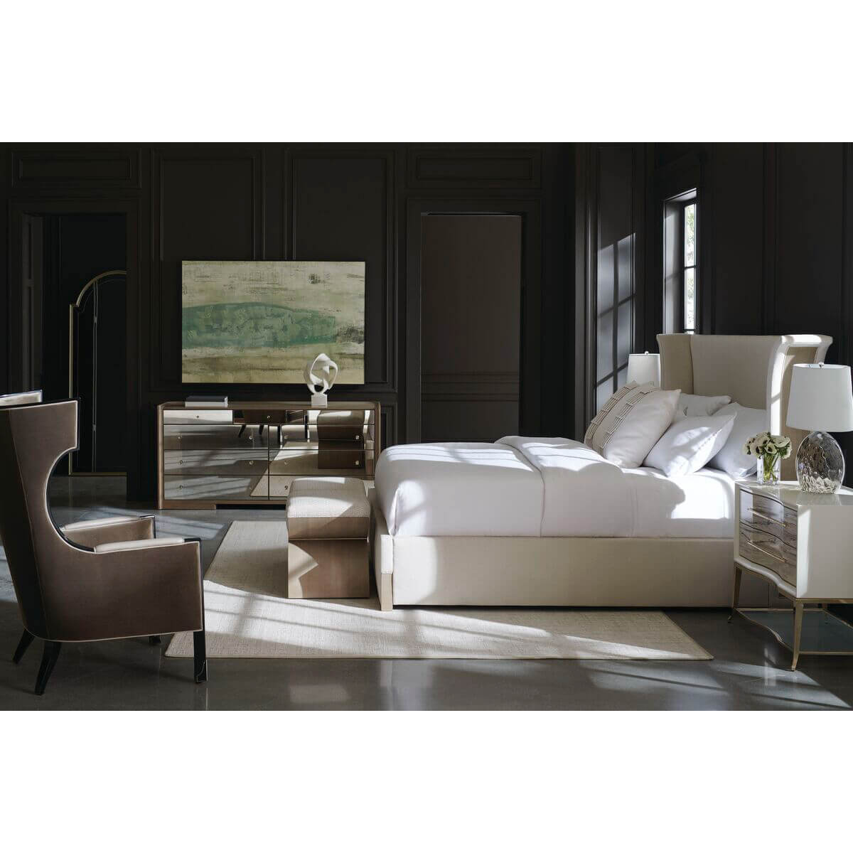Spacious room featuring flared modern bed, king size.