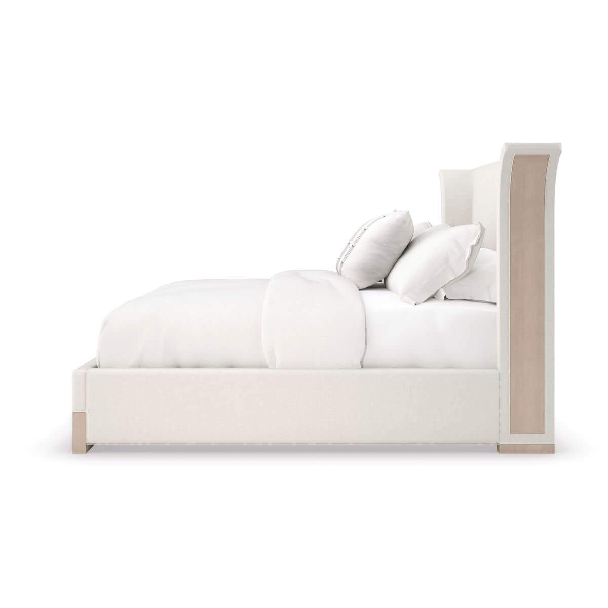 Side view of flared modern king bed design.