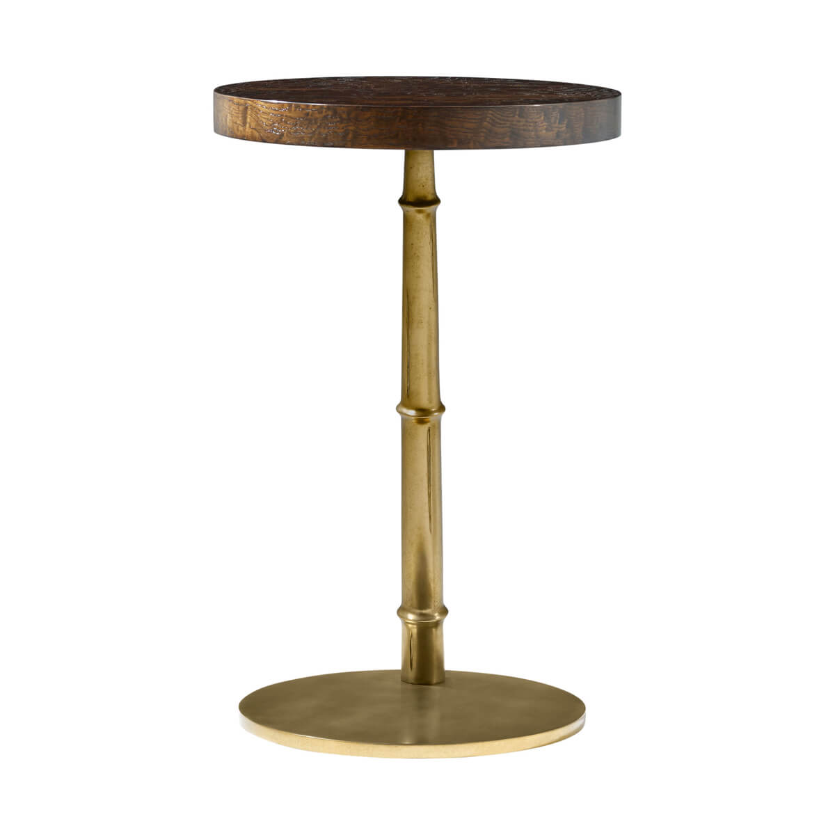 Straight view of floating burl accent table front side.