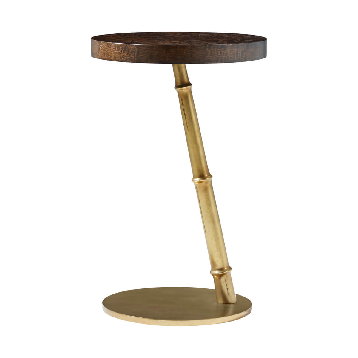 Side view of floating burl accent table with angled stem.