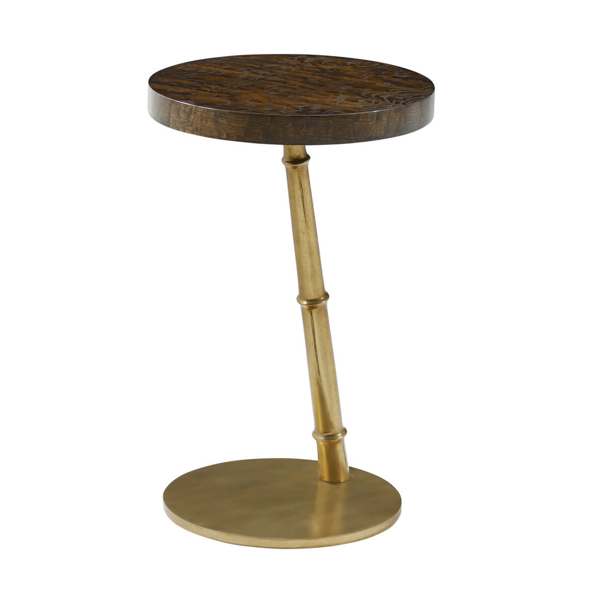 Tilted round floating burl accent table, angled view.