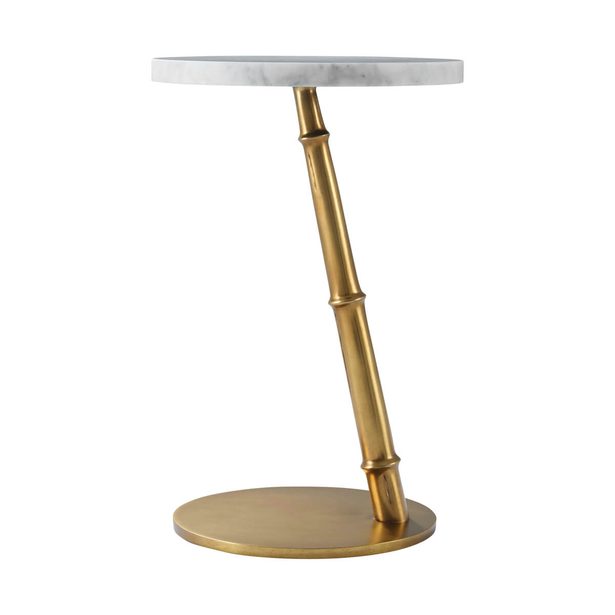 Marble top accent table, angled side perspective.