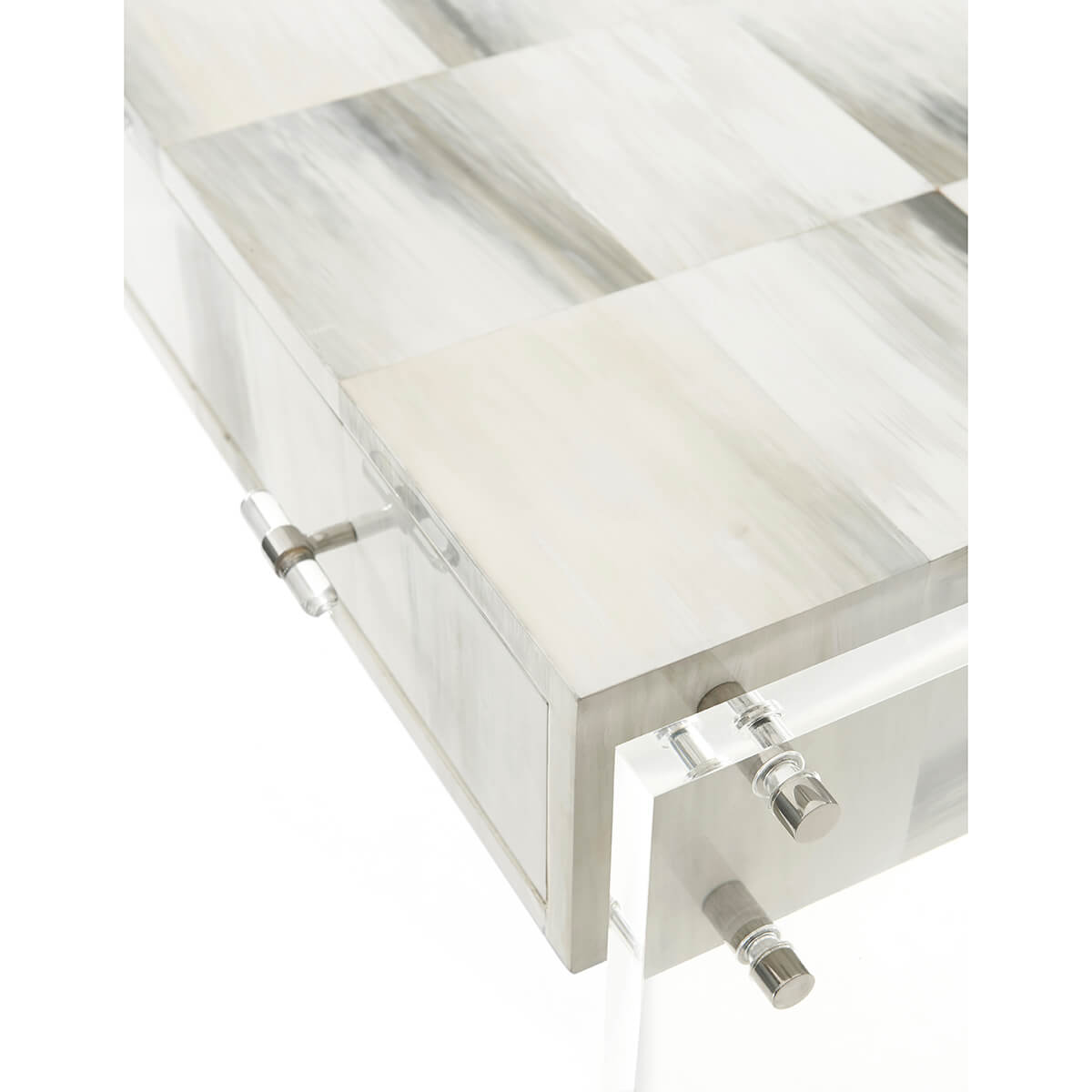 Close-up of desk drawer and acrylic material details.
