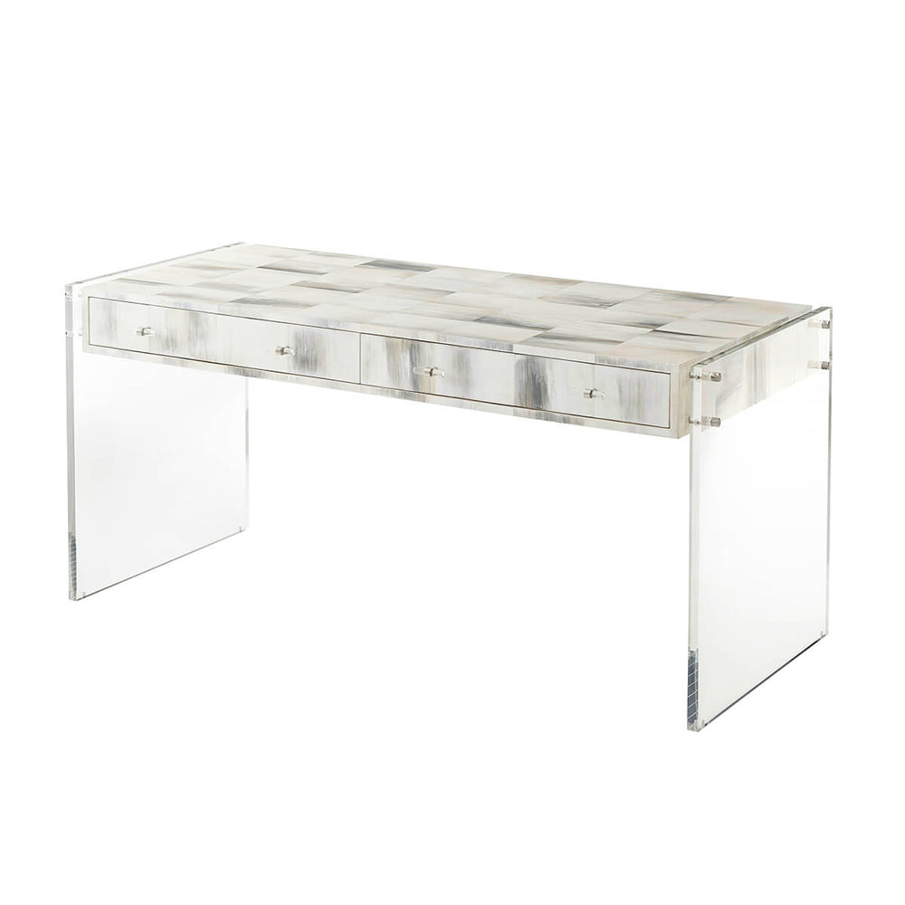 Clear acrylic modern desk with drawers, angled side view.
