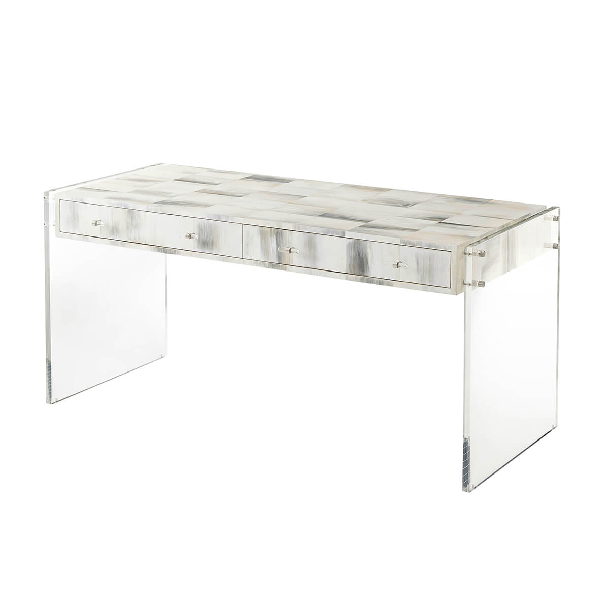 Clear acrylic modern desk with drawers, angled side view.