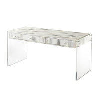 Clear acrylic modern desk with drawers, angled side view.
