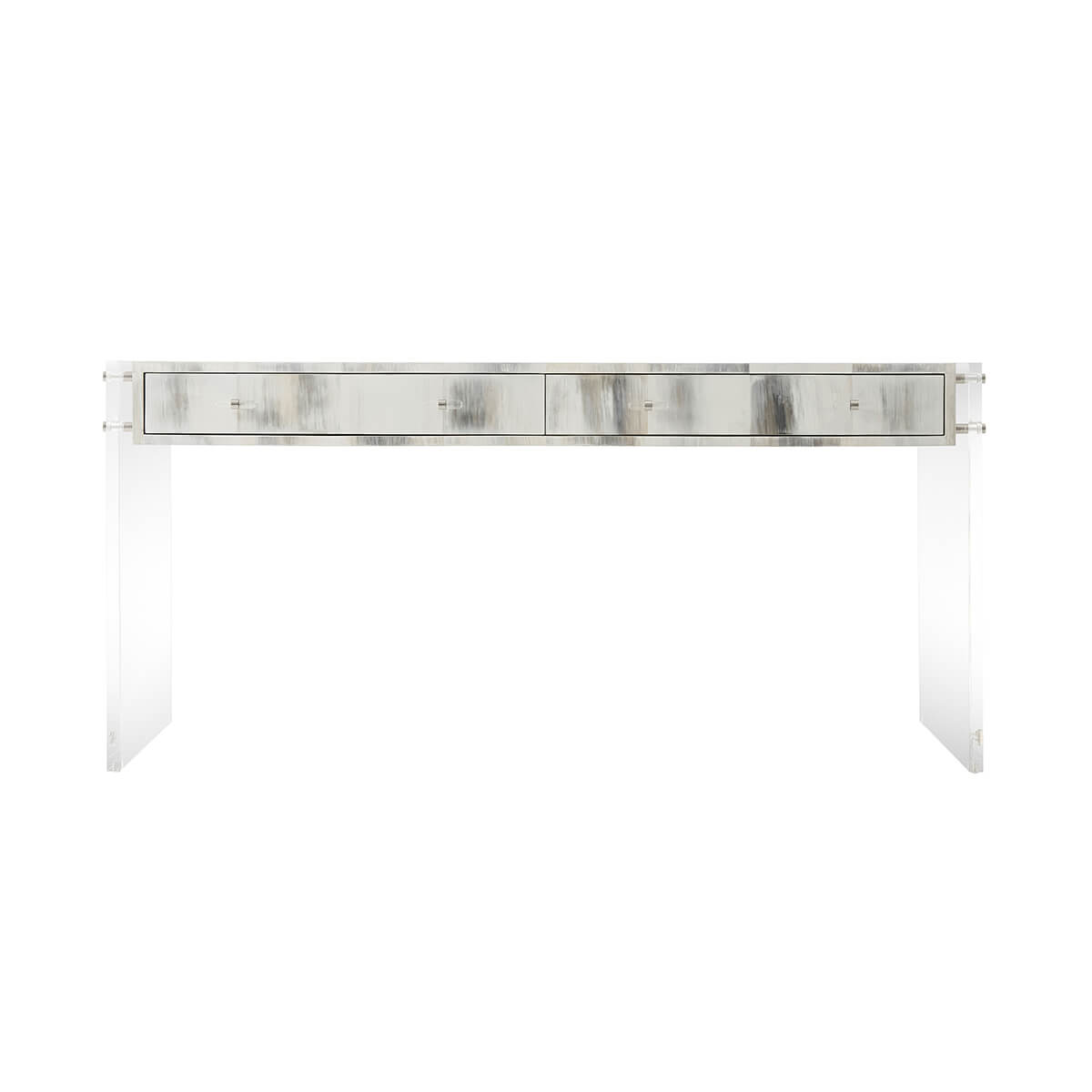 Front view of acrylic desk with metallic accents.
