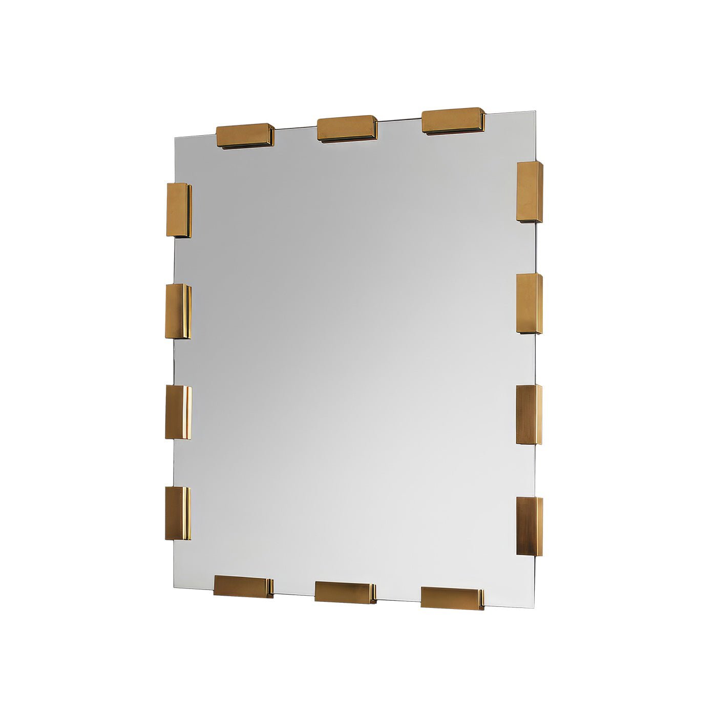 Modern mirror with brass accents, isolated view.